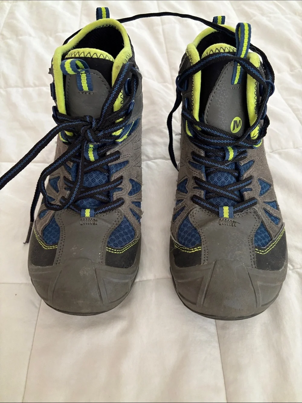 Merrell kids Gray & Blue Hiking Boots with Lime Accents Boys Sz 4